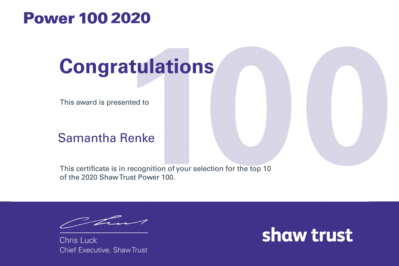 samantha shaw trust power 100 certificate